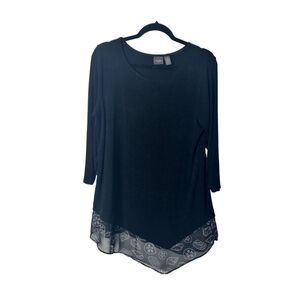 Chicos Travelers Seashell Tunic Top Black MED Asymmetrical Hem Stretch USA Beach